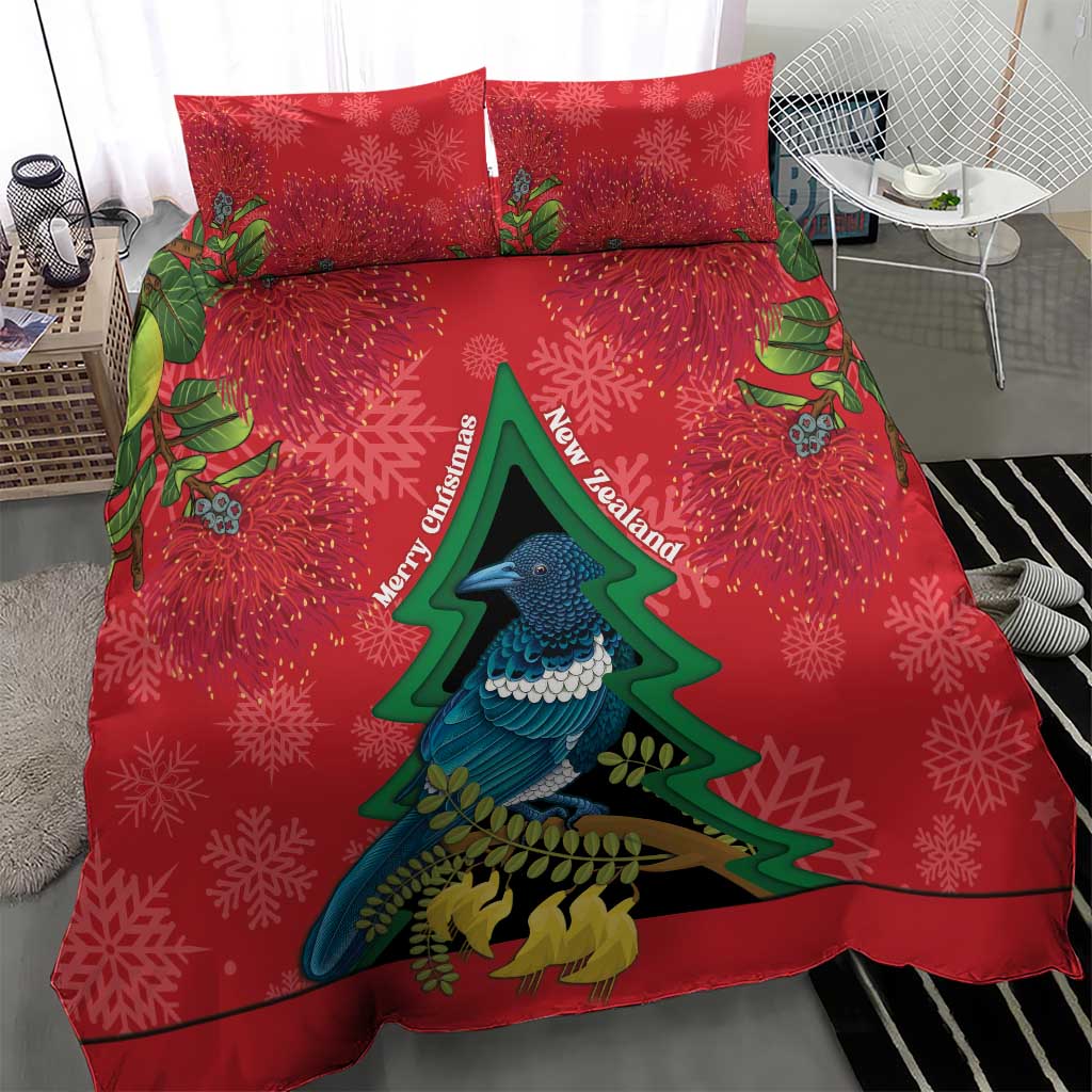 New Zealand Christmas In July Bedding Set Kowhai Tui Bird With Pohutukawa - Red