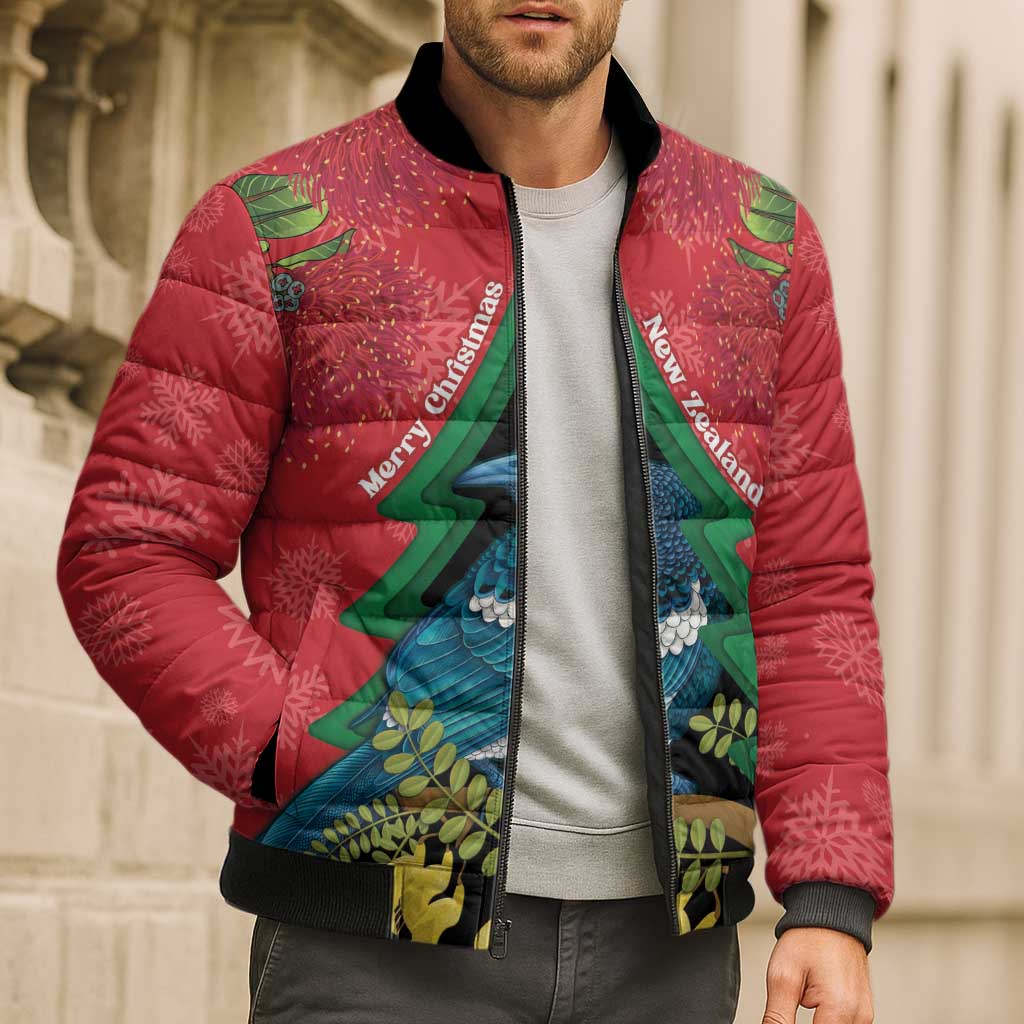 New Zealand Christmas In July Bomber Puffer Jacket Kowhai Tui Bird With Pohutukawa - Red - Polynesian Pride