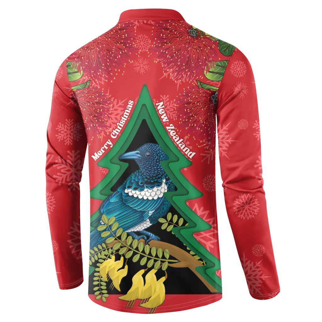 New Zealand Christmas In July Button Sweatshirt Kowhai Tui Bird With Pohutukawa - Red