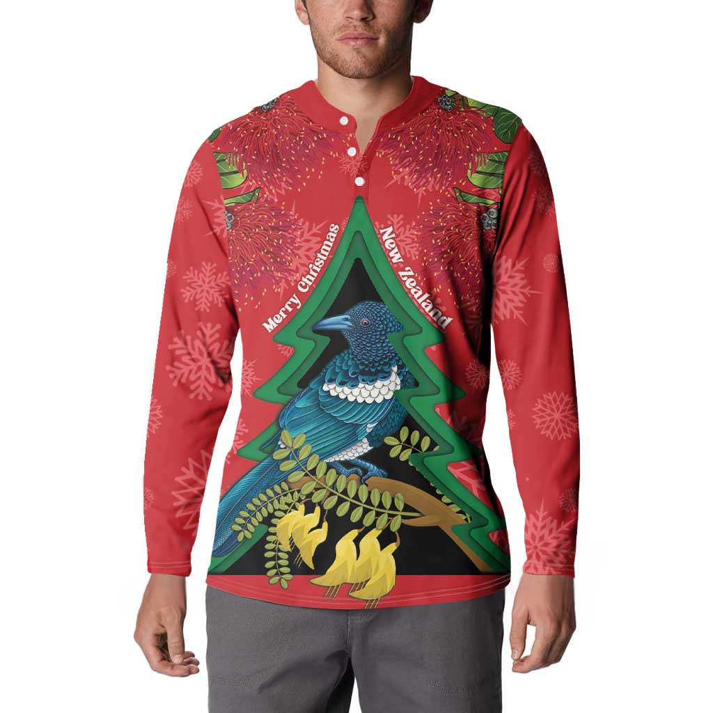 New Zealand Christmas In July Button Sweatshirt Kowhai Tui Bird With Pohutukawa - Red