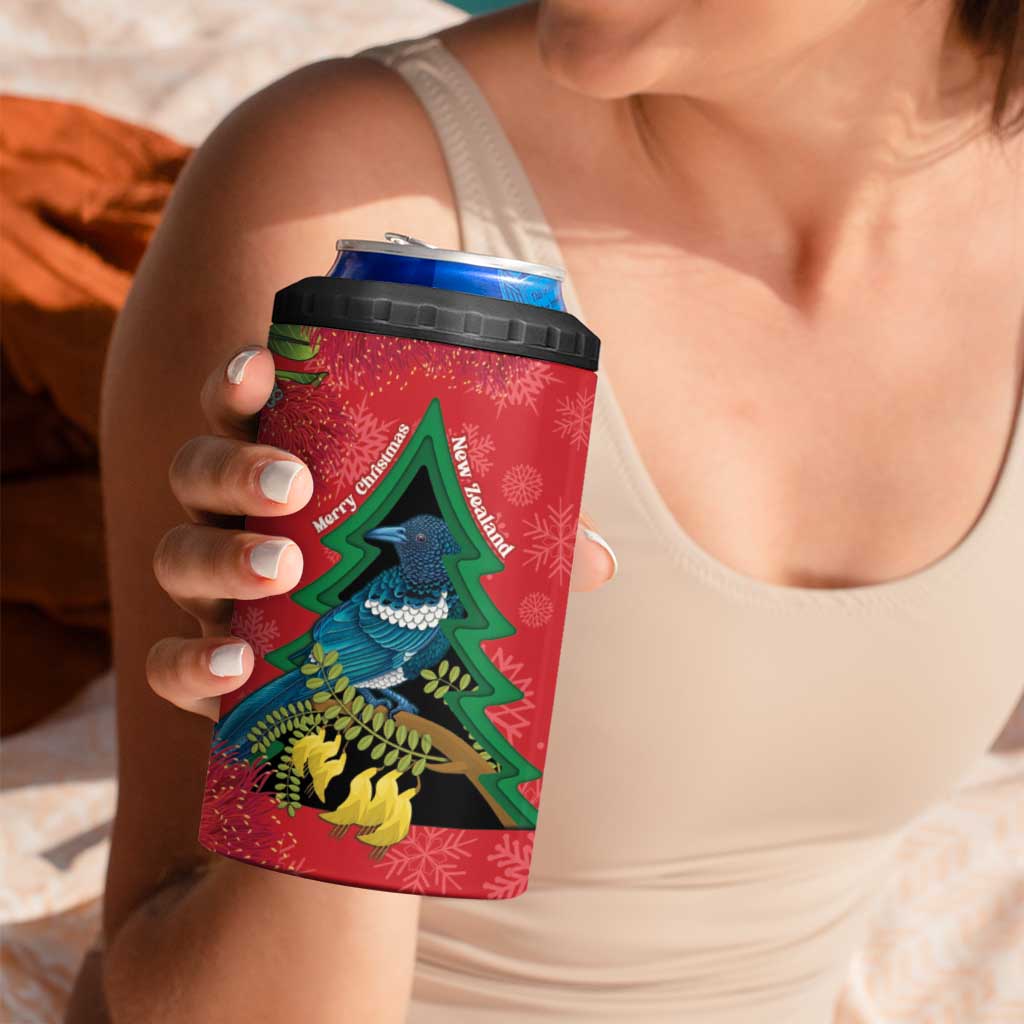 New Zealand Christmas In July 4 in 1 Can Cooler Tumbler Kowhai Tui Bird With Pohutukawa - Red LT14 - Polynesian Pride