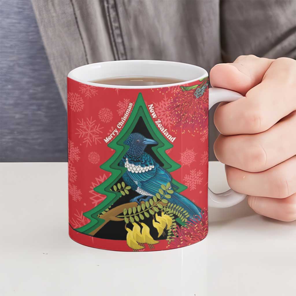 New Zealand Christmas In July Ceramic Mug Kowhai Tui Bird With Pohutukawa - Red - Polynesian Pride