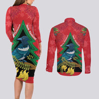 New Zealand Christmas In July Couples Matching Long Sleeve Bodycon Dress and Long Sleeve Button Shirt Kowhai Tui Bird With Pohutukawa - Red