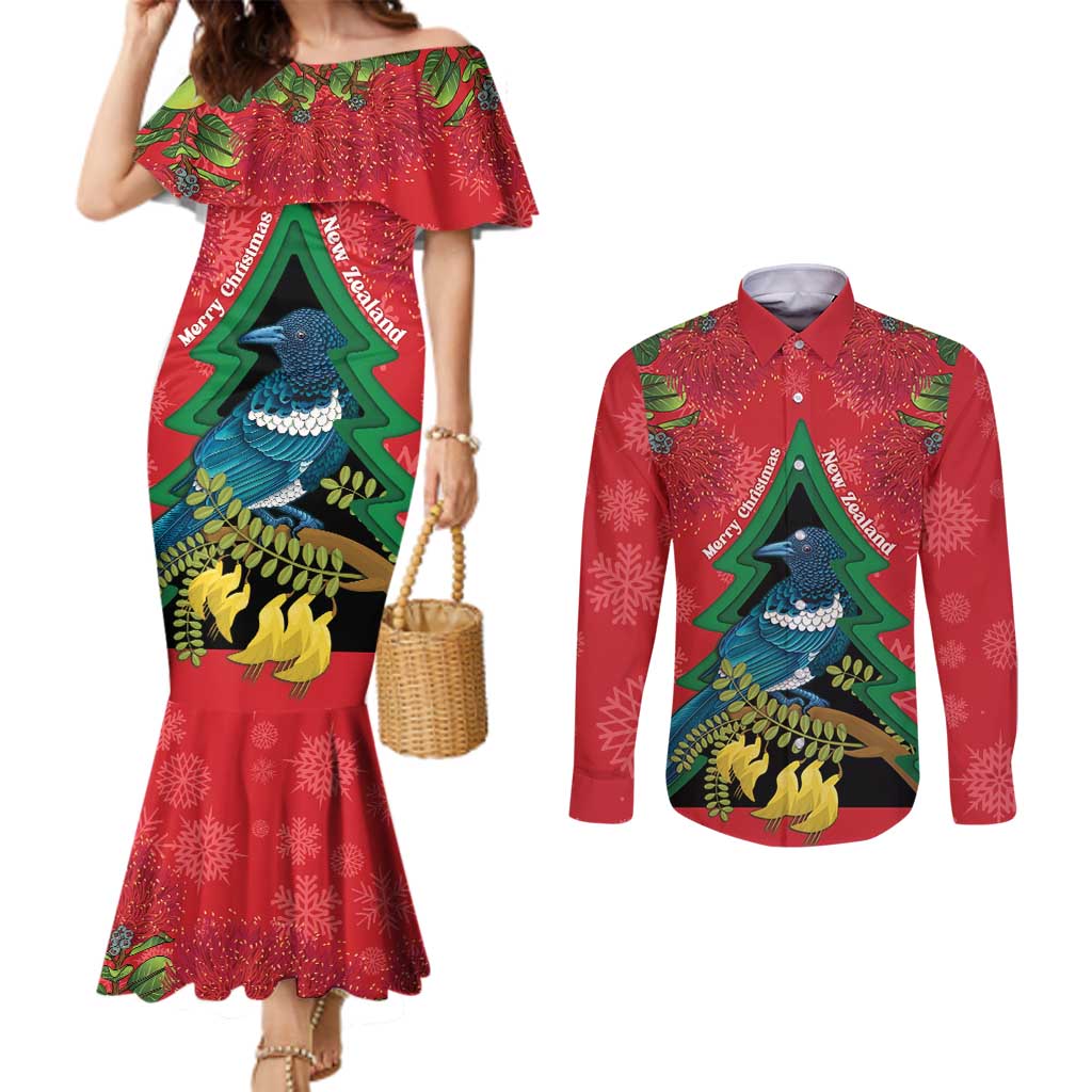 New Zealand Christmas In July Couples Matching Mermaid Dress and Long Sleeve Button Shirt Kowhai Tui Bird With Pohutukawa - Red