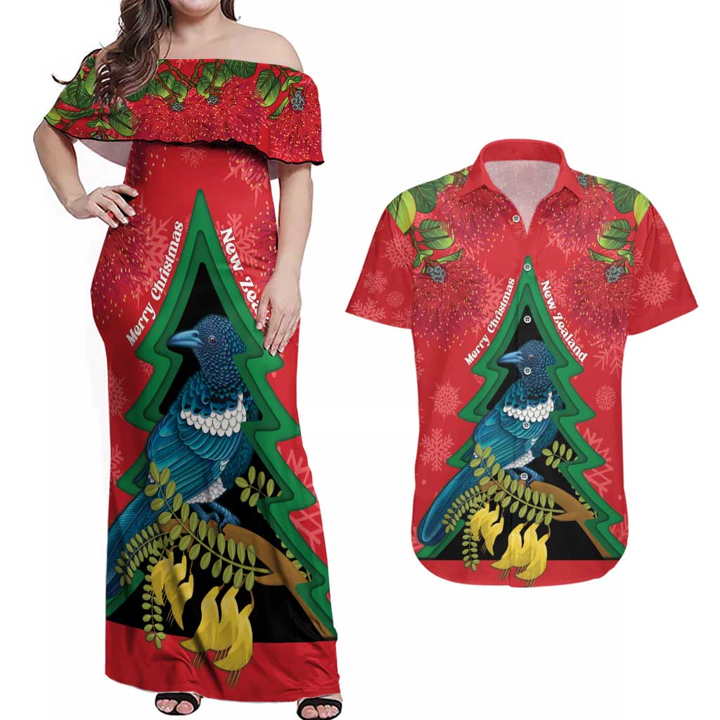 New Zealand Christmas In July Couples Matching Off Shoulder Maxi Dress and Hawaiian Shirt Kowhai Tui Bird With Pohutukawa - Red LT14 Red - Polynesian Pride