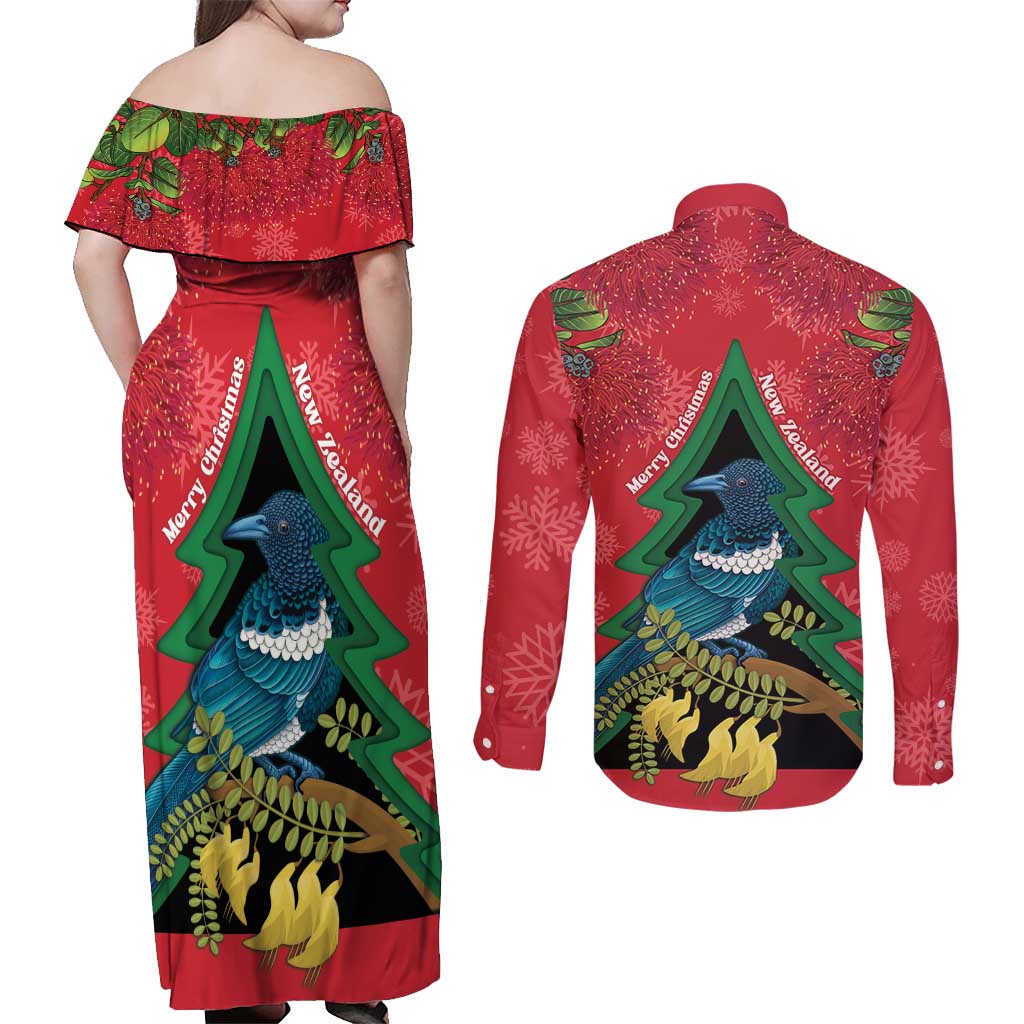 New Zealand Christmas In July Couples Matching Off Shoulder Maxi Dress and Long Sleeve Button Shirt Kowhai Tui Bird With Pohutukawa - Red