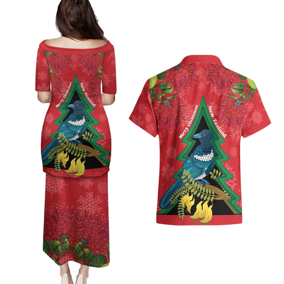 New Zealand Christmas In July Couples Matching Puletasi and Hawaiian Shirt Kowhai Tui Bird With Pohutukawa - Red