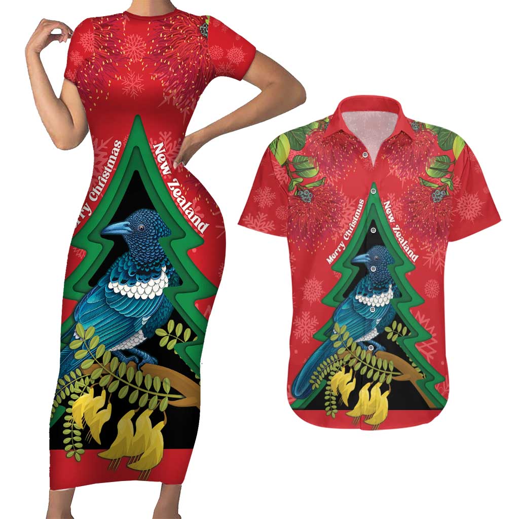 New Zealand Christmas In July Couples Matching Short Sleeve Bodycon Dress and Hawaiian Shirt Kowhai Tui Bird With Pohutukawa - Red