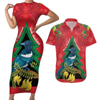 New Zealand Christmas In July Couples Matching Short Sleeve Bodycon Dress and Hawaiian Shirt Kowhai Tui Bird With Pohutukawa - Red