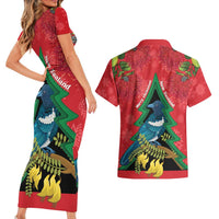 New Zealand Christmas In July Couples Matching Short Sleeve Bodycon Dress and Hawaiian Shirt Kowhai Tui Bird With Pohutukawa - Red