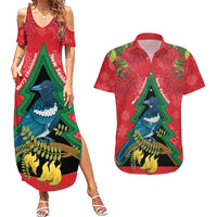 New Zealand Christmas In July Couples Matching Summer Maxi Dress and Hawaiian Shirt Kowhai Tui Bird With Pohutukawa - Red