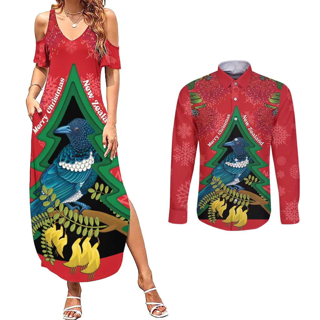 New Zealand Christmas In July Couples Matching Summer Maxi Dress and Long Sleeve Button Shirt Kowhai Tui Bird With Pohutukawa - Red