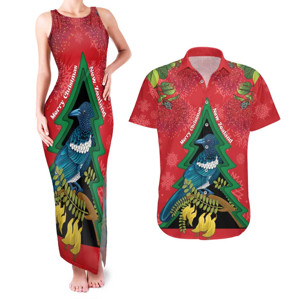 New Zealand Christmas In July Couples Matching Tank Maxi Dress and Hawaiian Shirt Kowhai Tui Bird With Pohutukawa - Red