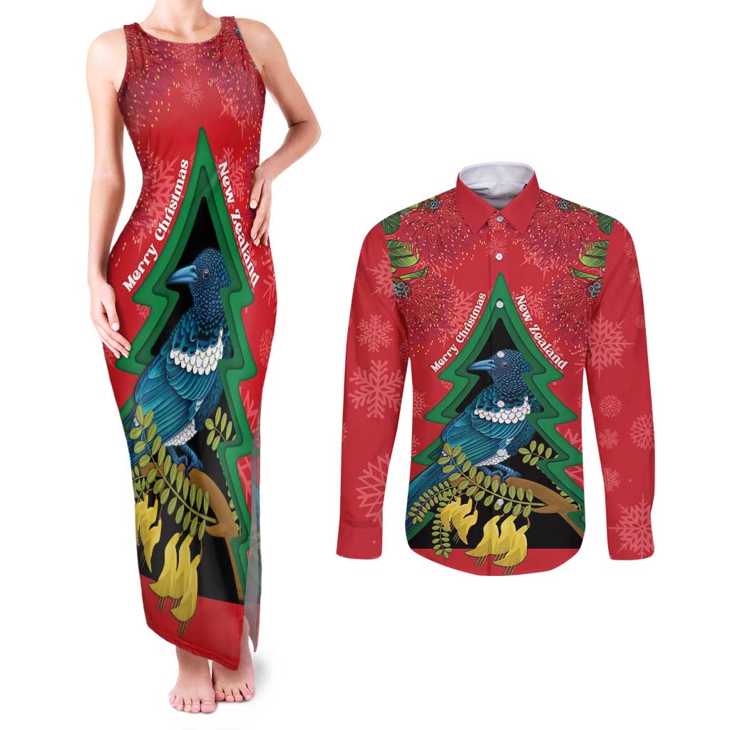 New Zealand Christmas In July Couples Matching Tank Maxi Dress and Long Sleeve Button Shirt Kowhai Tui Bird With Pohutukawa - Red