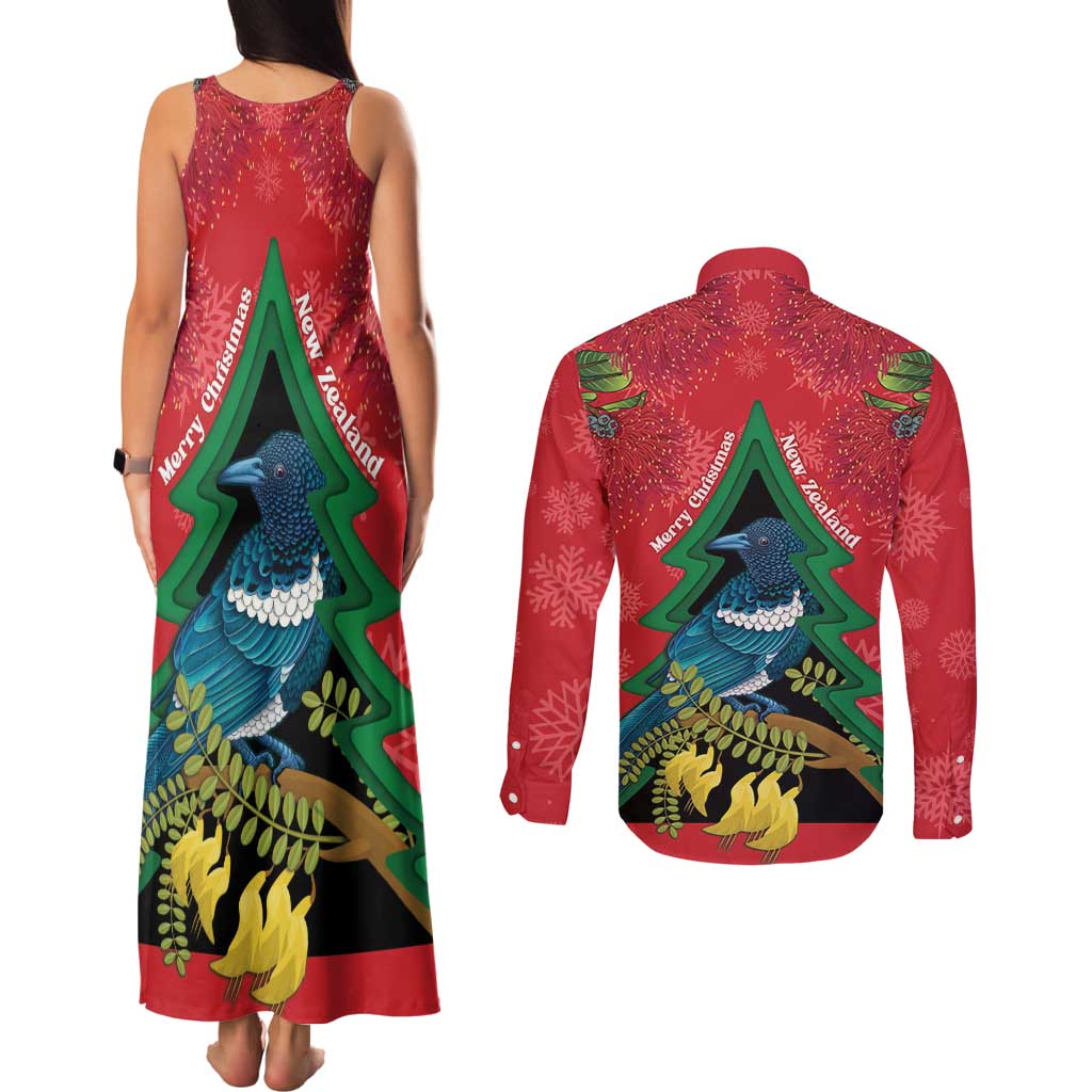 New Zealand Christmas In July Couples Matching Tank Maxi Dress and Long Sleeve Button Shirt Kowhai Tui Bird With Pohutukawa - Red