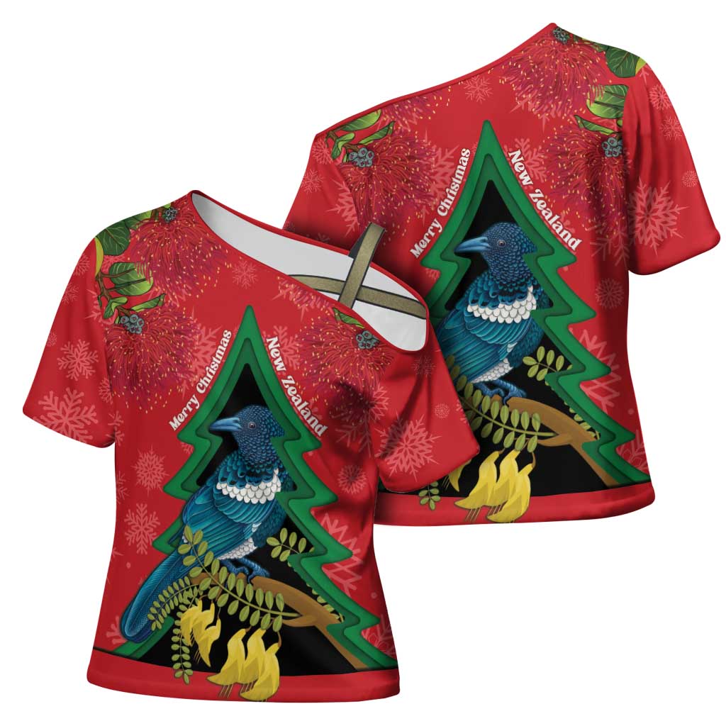 New Zealand Christmas In July Cross Shoulder Shirt Kowhai Tui Bird With Pohutukawa - Red - Polynesian Pride