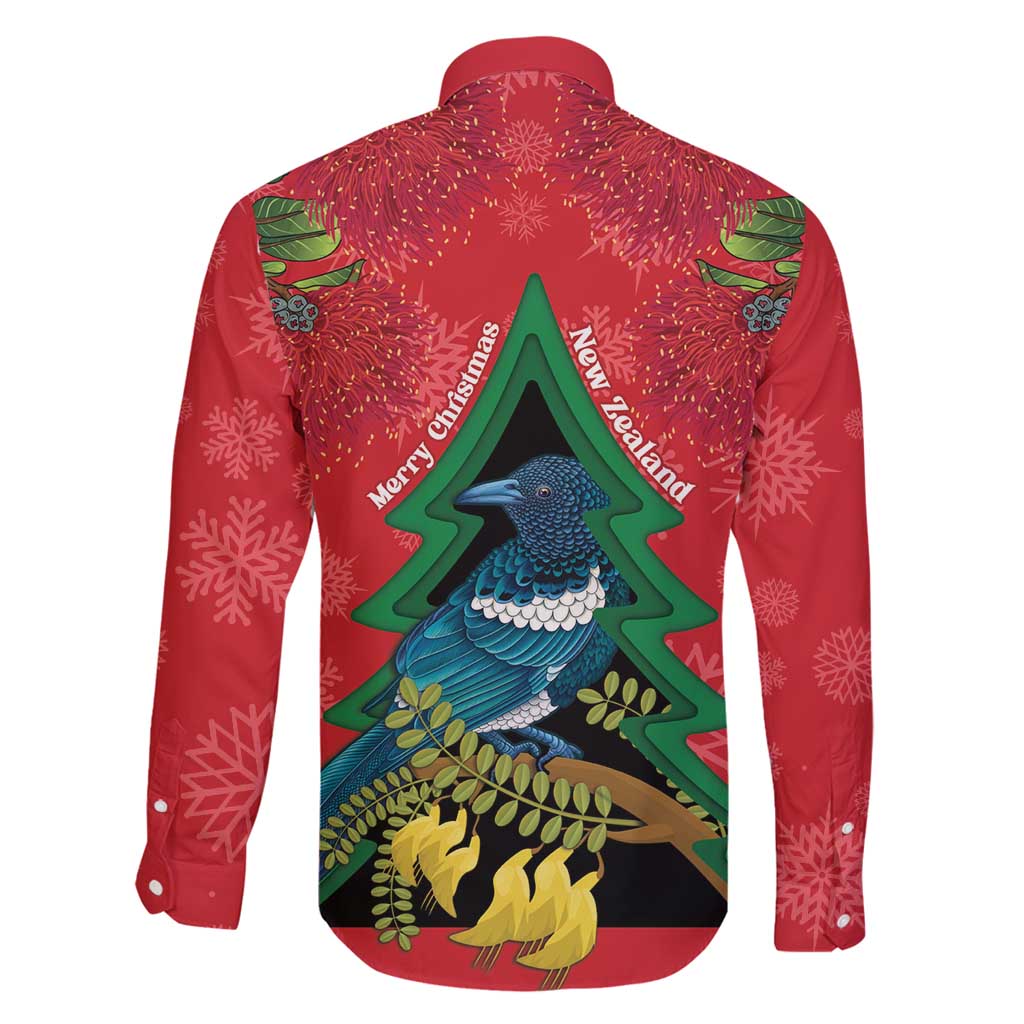 New Zealand Christmas In July Family Matching Long Sleeve Bodycon Dress and Hawaiian Shirt Kowhai Tui Bird With Pohutukawa - Red