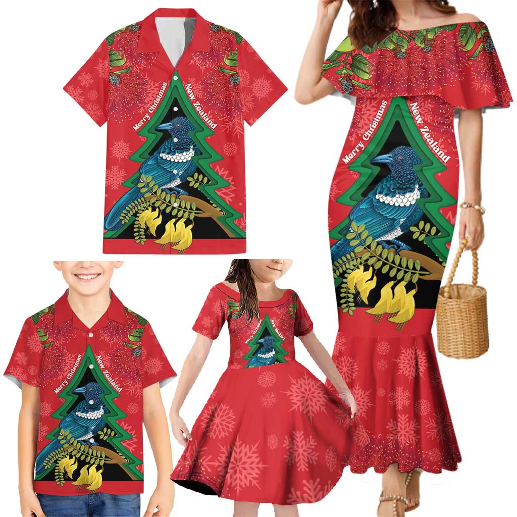 New Zealand Christmas In July Family Matching Mermaid Dress and Hawaiian Shirt Kowhai Tui Bird With Pohutukawa - Red