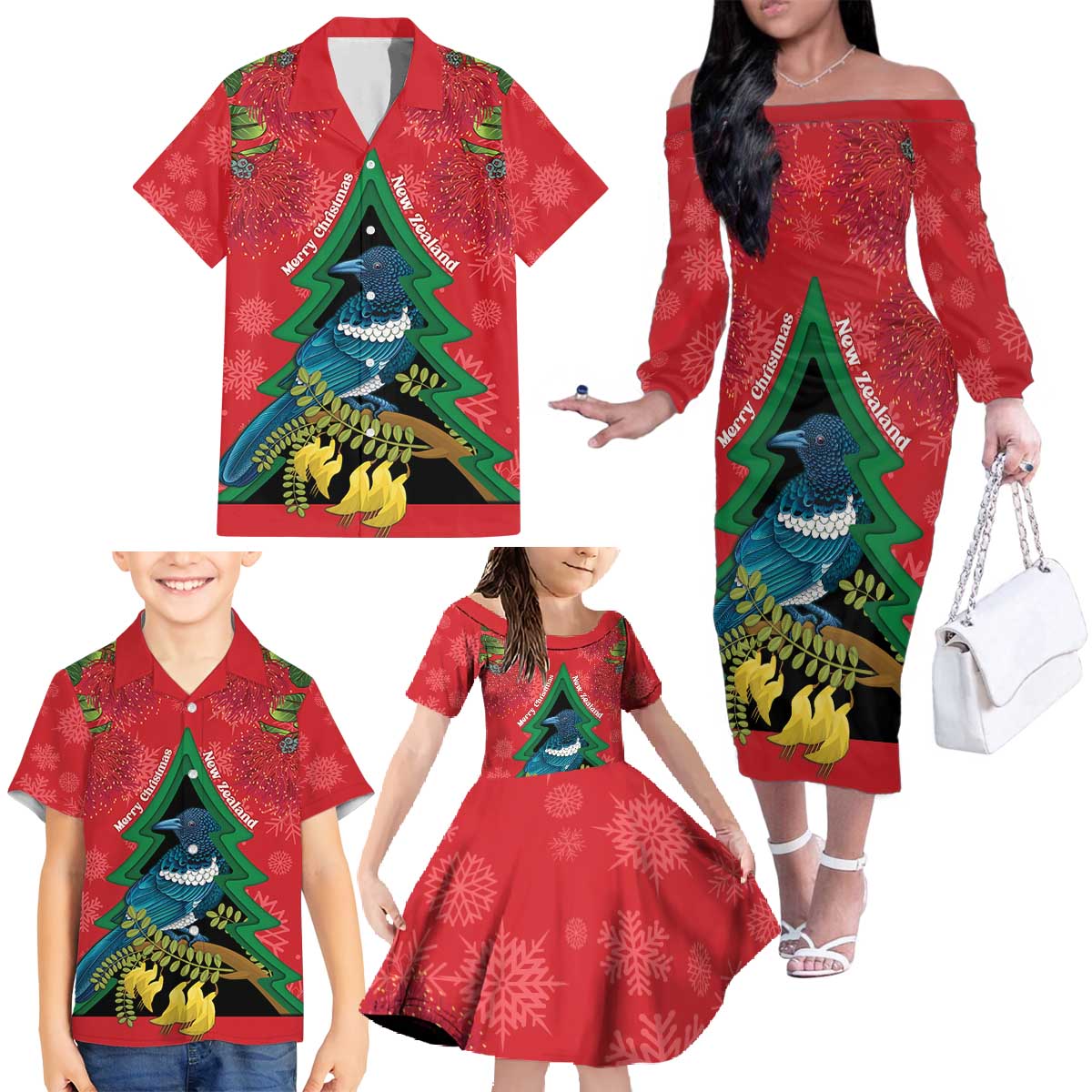 New Zealand Christmas In July Family Matching Off The Shoulder Long Sleeve Dress and Hawaiian Shirt Kowhai Tui Bird With Pohutukawa - Red