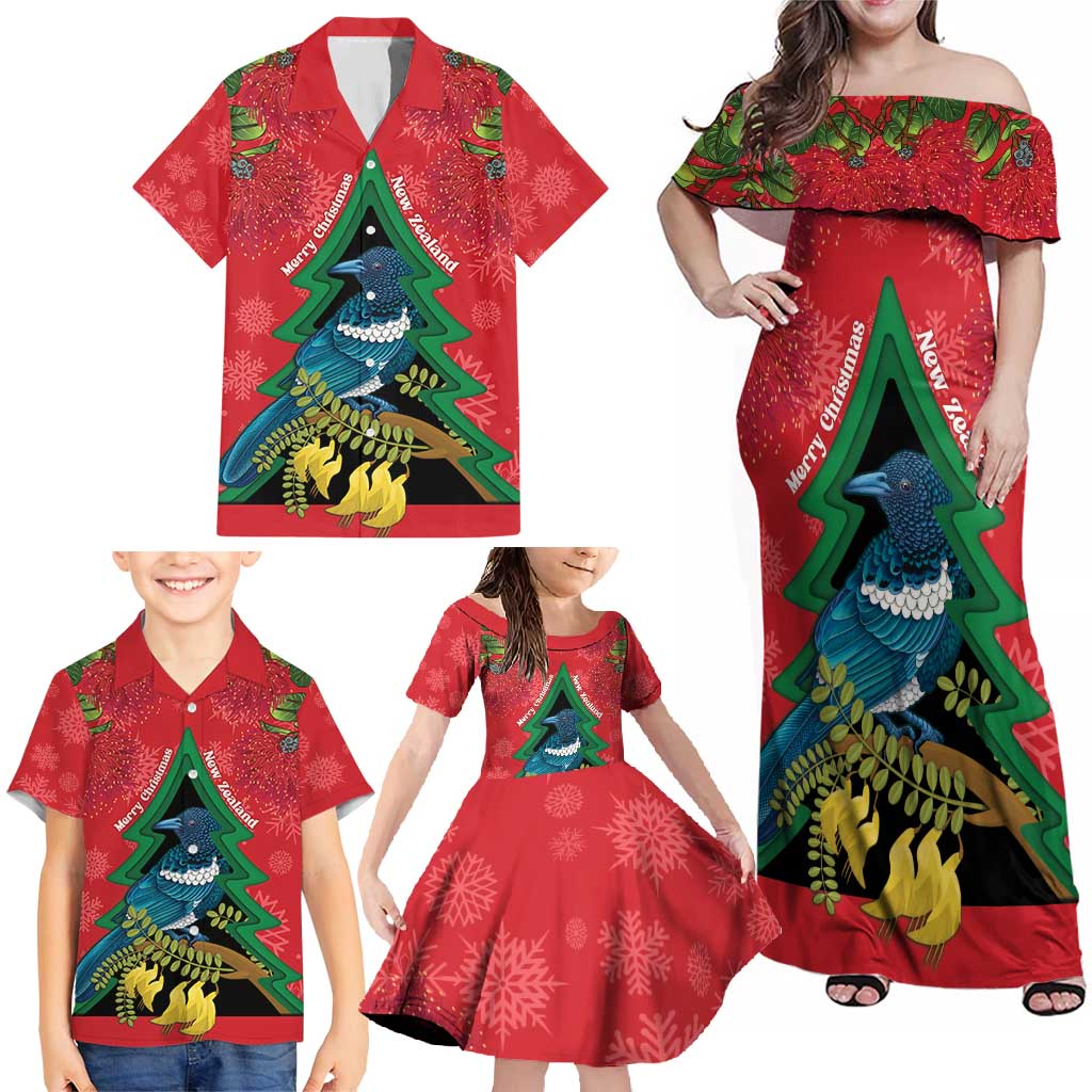 New Zealand Christmas In July Family Matching Off Shoulder Maxi Dress and Hawaiian Shirt Kowhai Tui Bird With Pohutukawa - Red