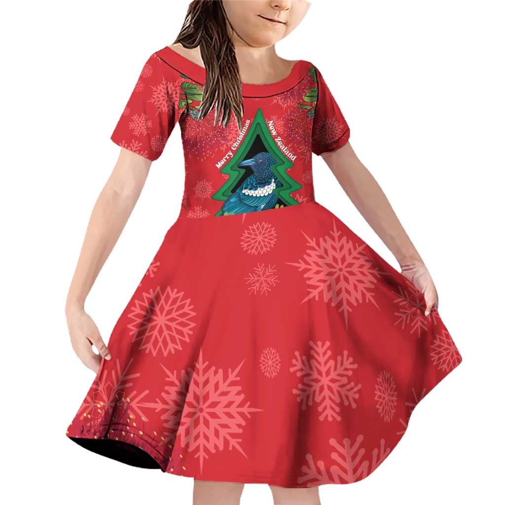 New Zealand Christmas In July Family Matching Off Shoulder Short Dress and Hawaiian Shirt Kowhai Tui Bird With Pohutukawa - Red