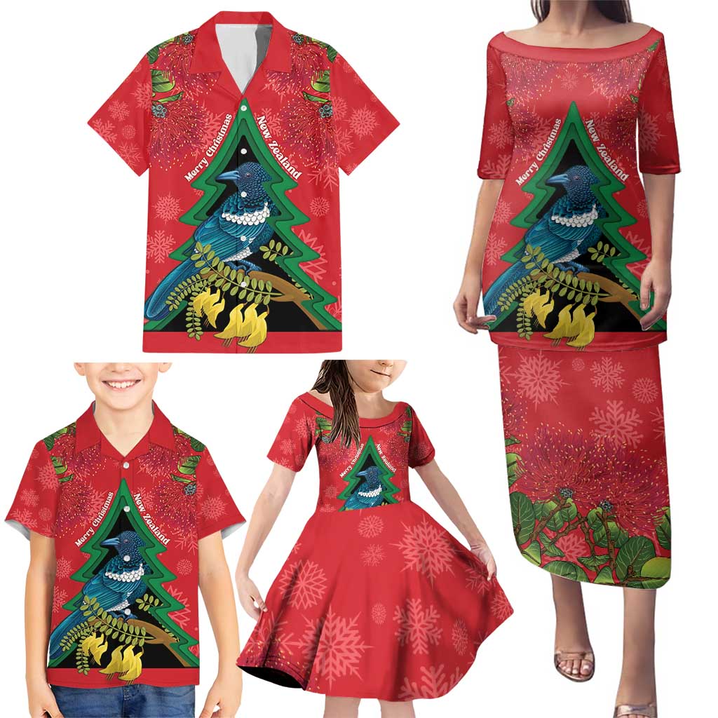 New Zealand Christmas In July Family Matching Puletasi and Hawaiian Shirt Kowhai Tui Bird With Pohutukawa - Red