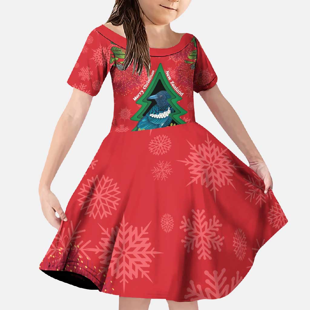 New Zealand Christmas In July Family Matching Short Sleeve Bodycon Dress and Hawaiian Shirt Kowhai Tui Bird With Pohutukawa - Red