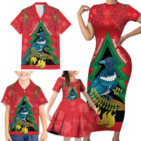 New Zealand Christmas In July Family Matching Short Sleeve Bodycon Dress and Hawaiian Shirt Kowhai Tui Bird With Pohutukawa - Red