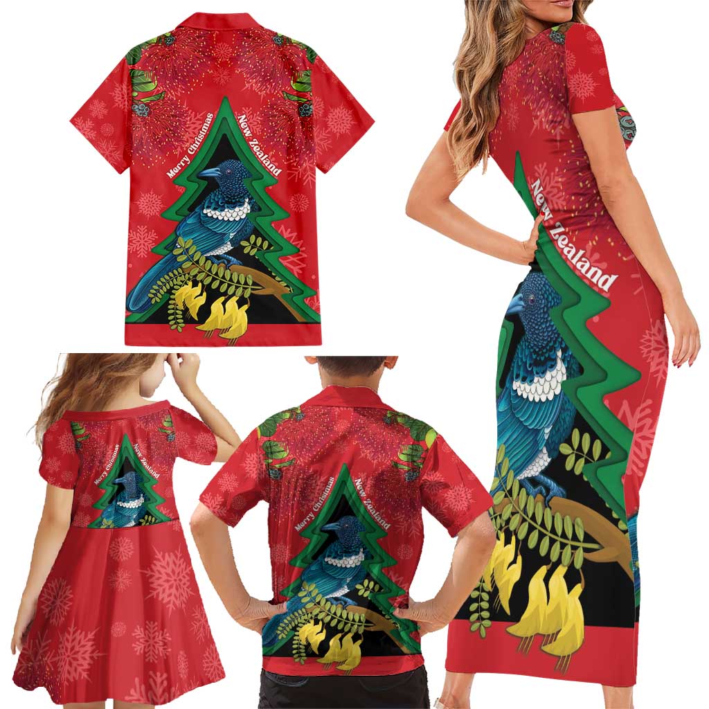 New Zealand Christmas In July Family Matching Short Sleeve Bodycon Dress and Hawaiian Shirt Kowhai Tui Bird With Pohutukawa - Red