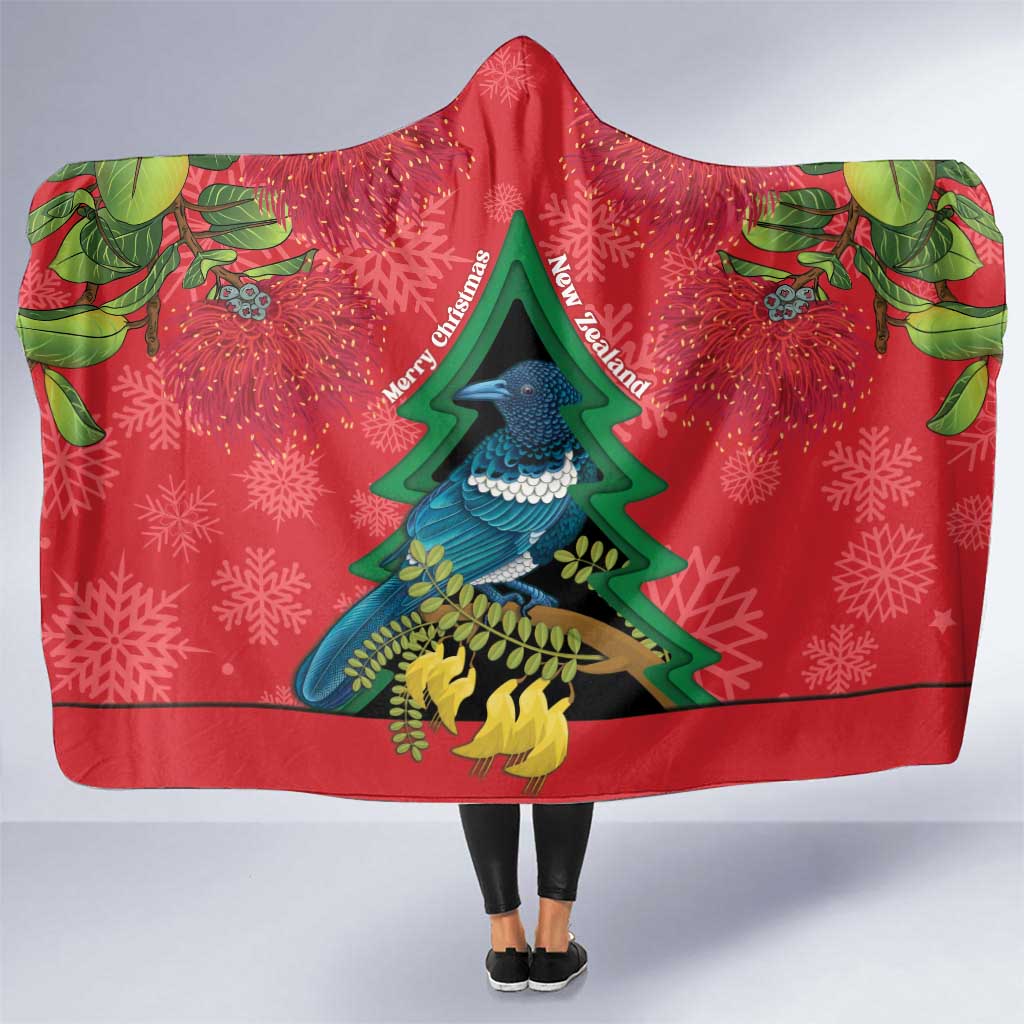 New Zealand Christmas In July Hooded Blanket Kowhai Tui Bird With Pohutukawa - Red