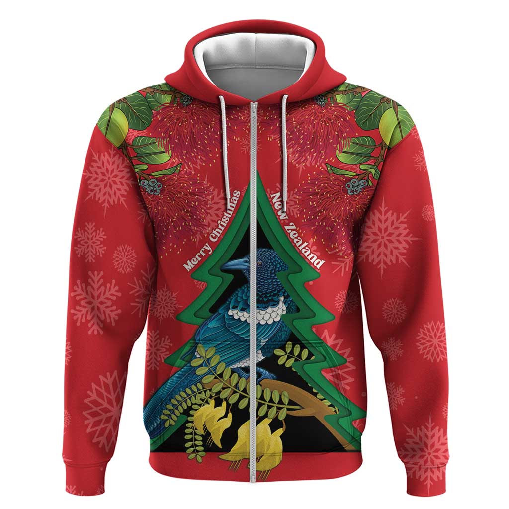 New Zealand Christmas In July Hoodie Kowhai Tui Bird With Pohutukawa - Red