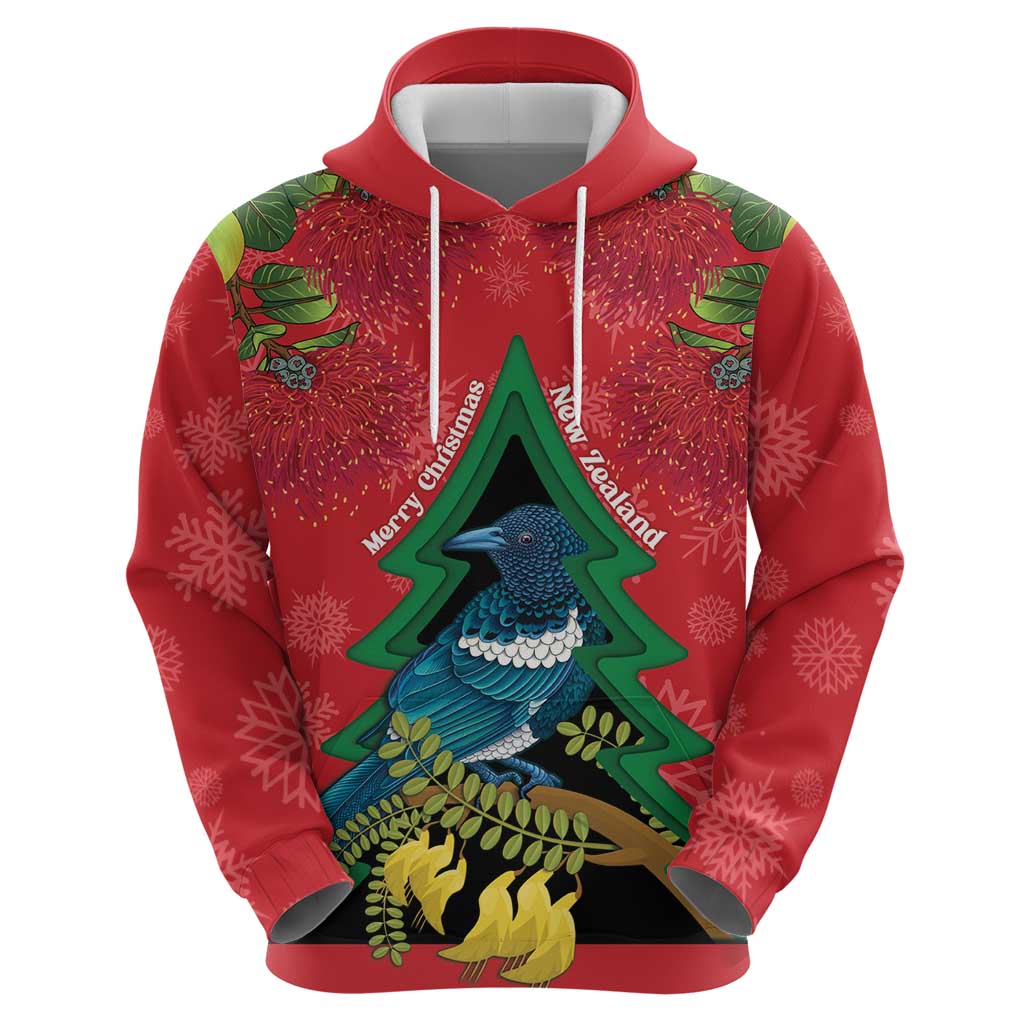 New Zealand Christmas In July Hoodie Kowhai Tui Bird With Pohutukawa - Red