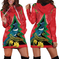 New Zealand Christmas In July Hoodie Dress Kowhai Tui Bird With Pohutukawa - Red