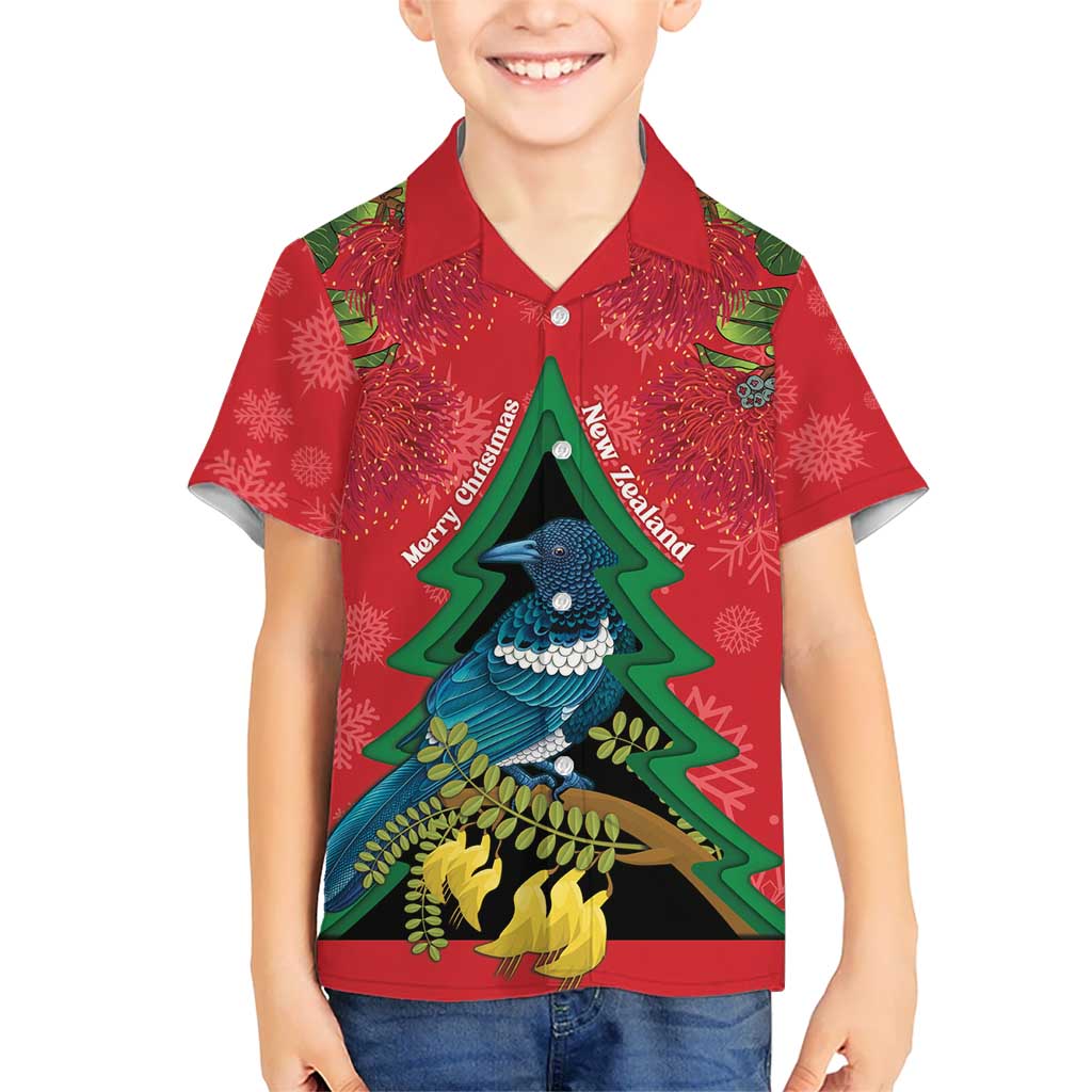 New Zealand Christmas In July Kid Hawaiian Shirt Kowhai Tui Bird With Pohutukawa - Red