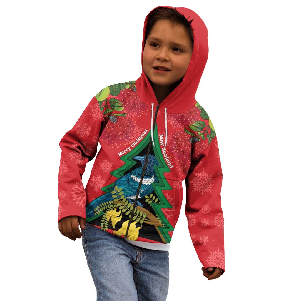 New Zealand Christmas In July Kid Hoodie Kowhai Tui Bird With Pohutukawa - Red