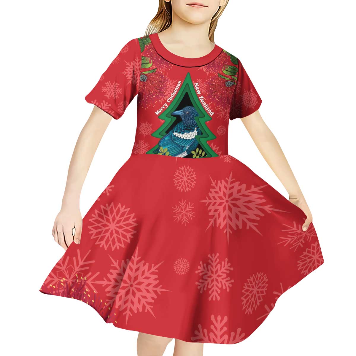 New Zealand Christmas In July Kid Short Sleeve Dress Kowhai Tui Bird With Pohutukawa - Red