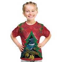 New Zealand Christmas In July Kid T Shirt Kowhai Tui Bird With Pohutukawa - Red