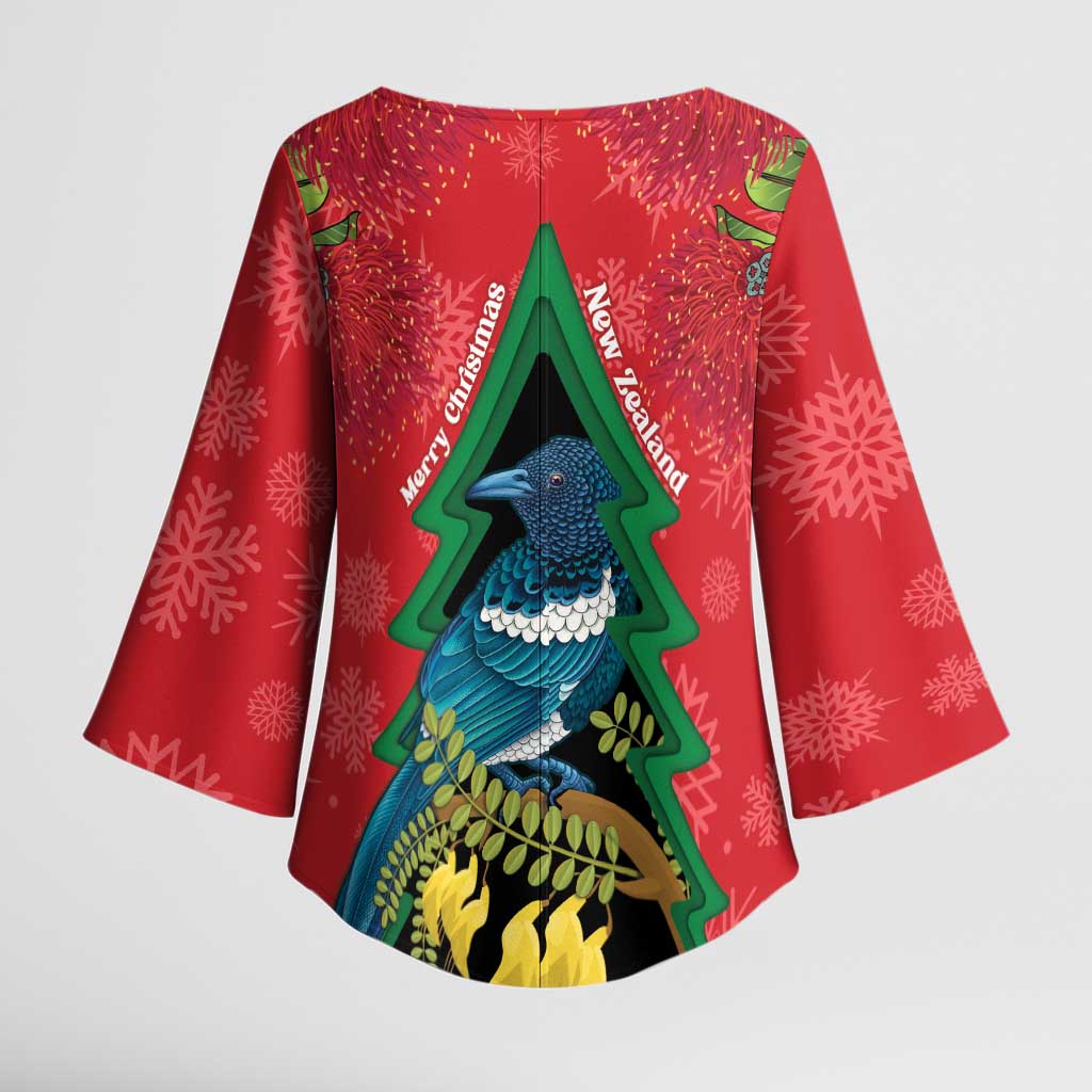 New Zealand Christmas In July Kimono Sleeve Blouse Kowhai Tui Bird With Pohutukawa - Red - Polynesian Pride