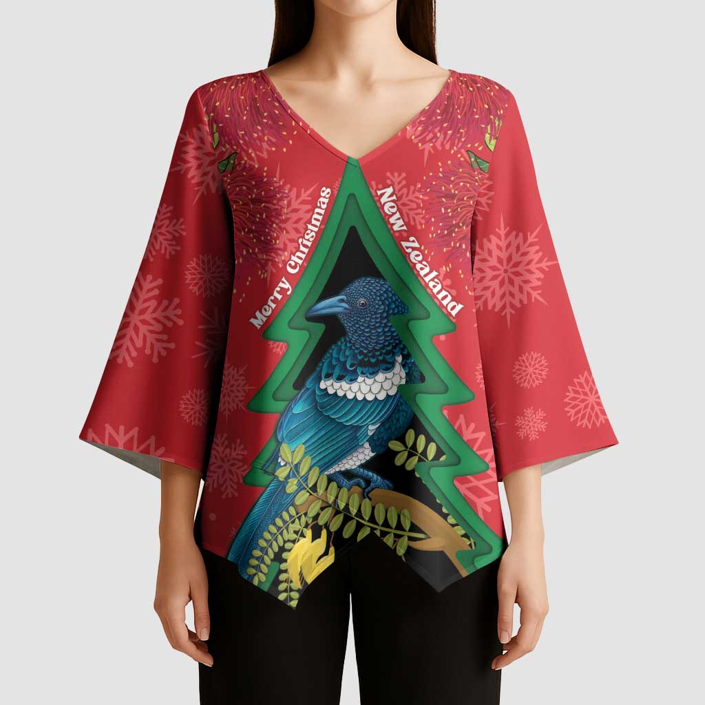New Zealand Christmas In July Kimono Sleeve Blouse Kowhai Tui Bird With Pohutukawa - Red - Polynesian Pride