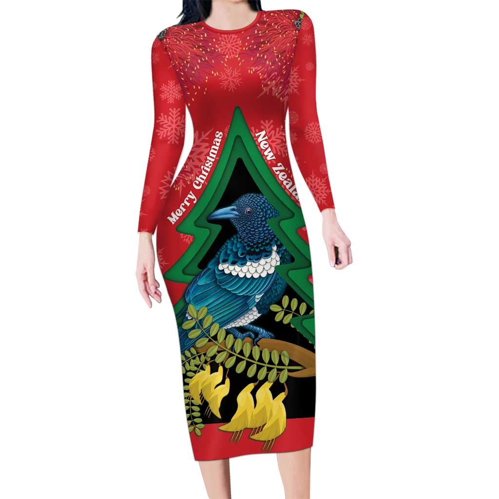 New Zealand Christmas In July Long Sleeve Bodycon Dress Kowhai Tui Bird With Pohutukawa - Red