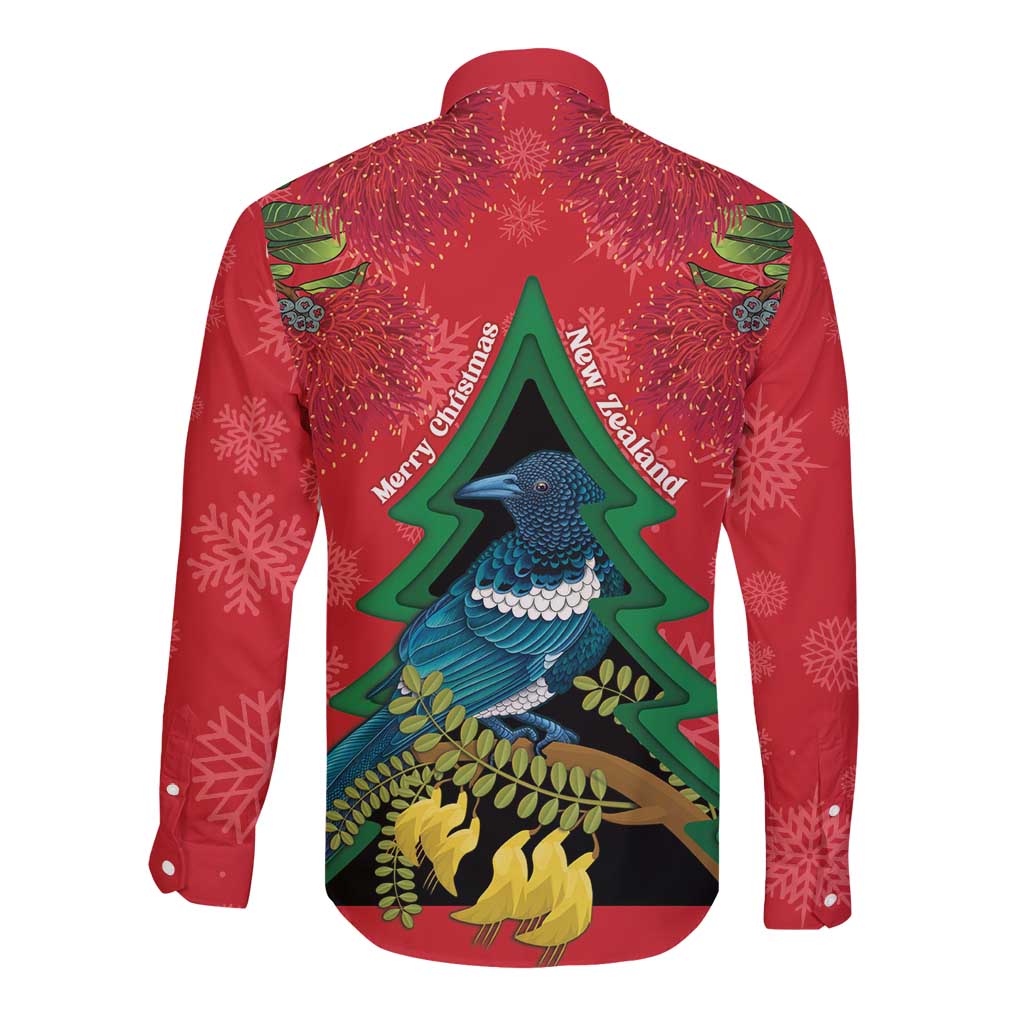 New Zealand Christmas In July Long Sleeve Button Shirt Kowhai Tui Bird With Pohutukawa - Red