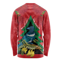 New Zealand Christmas In July Long Sleeve Shirt Kowhai Tui Bird With Pohutukawa - Red