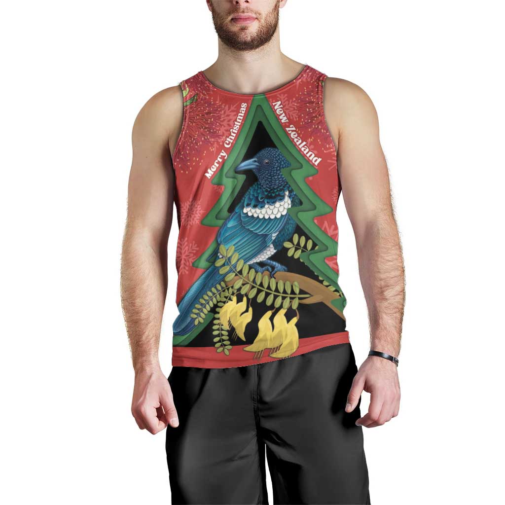 New Zealand Christmas In July Men Tank Top Kowhai Tui Bird With Pohutukawa - Red
