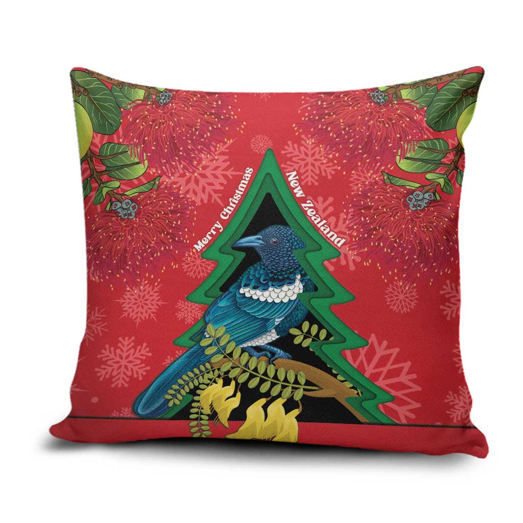 New Zealand Christmas In July Pillow Cover Kowhai Tui Bird With Pohutukawa - Red - Polynesian Pride
