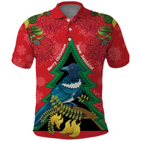 New Zealand Christmas In July Polo Shirt Kowhai Tui Bird With Pohutukawa - Red