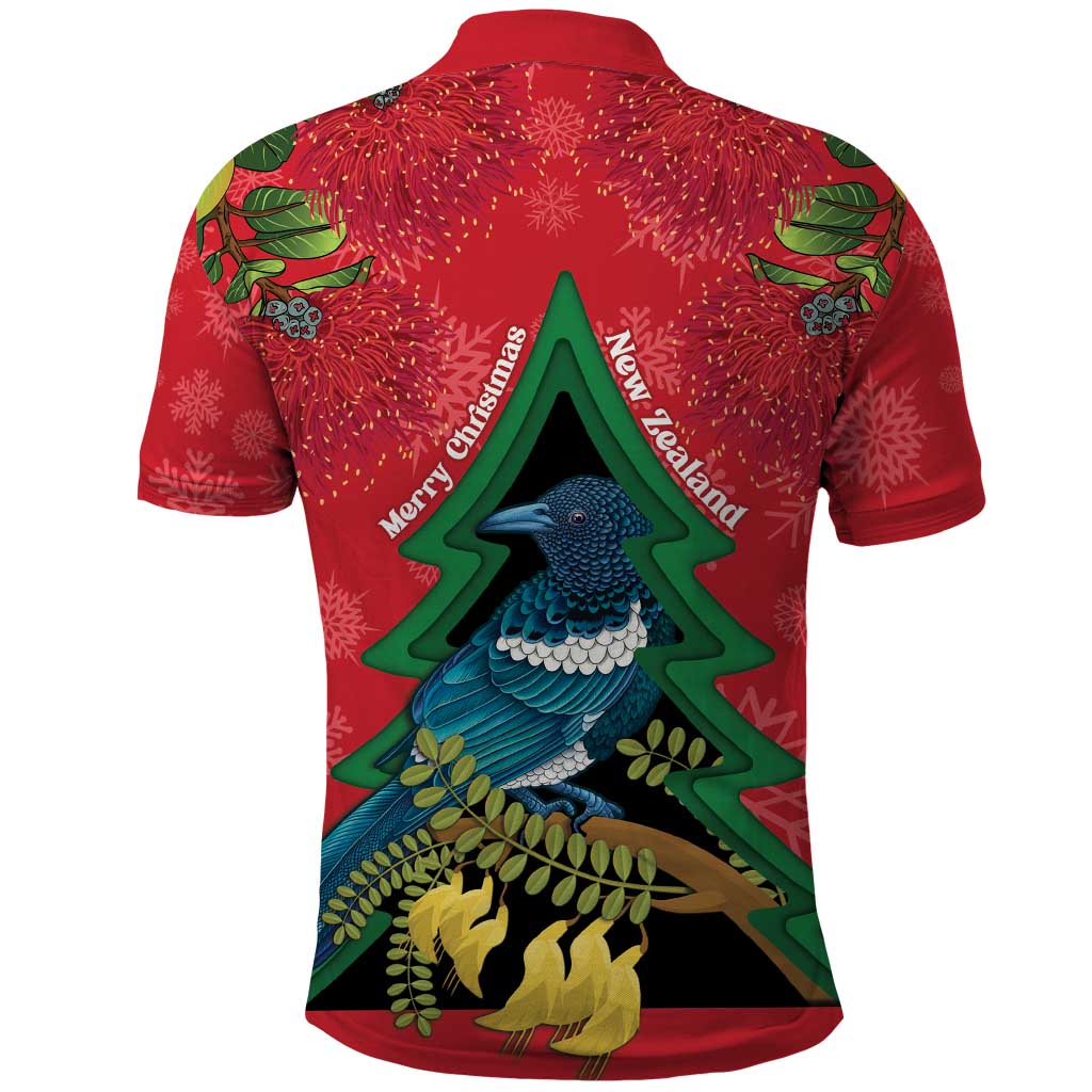 New Zealand Christmas In July Polo Shirt Kowhai Tui Bird With Pohutukawa - Red
