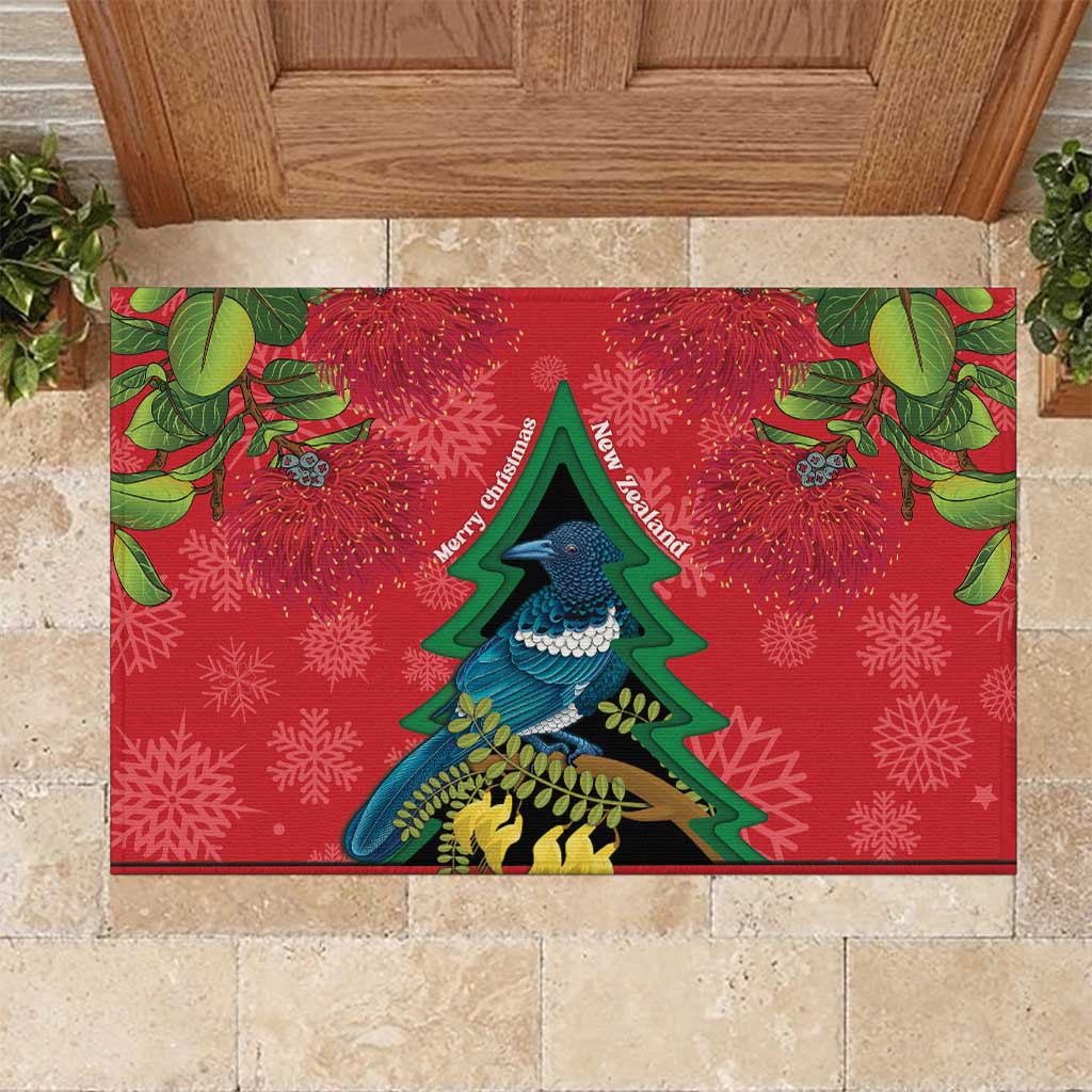 New Zealand Christmas In July Rubber Doormat Kowhai Tui Bird With Pohutukawa - Red