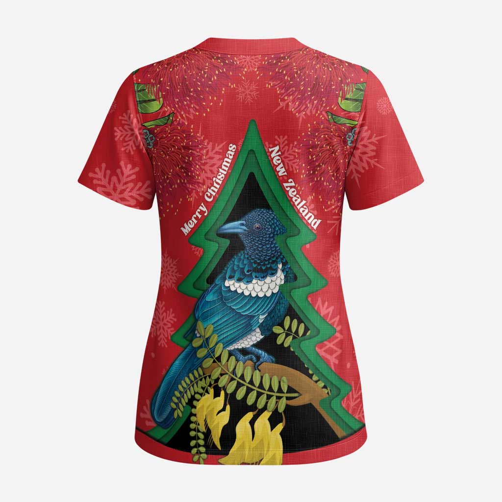 New Zealand Christmas In July Scrub Top Kowhai Tui Bird With Pohutukawa - Red - Polynesian Pride