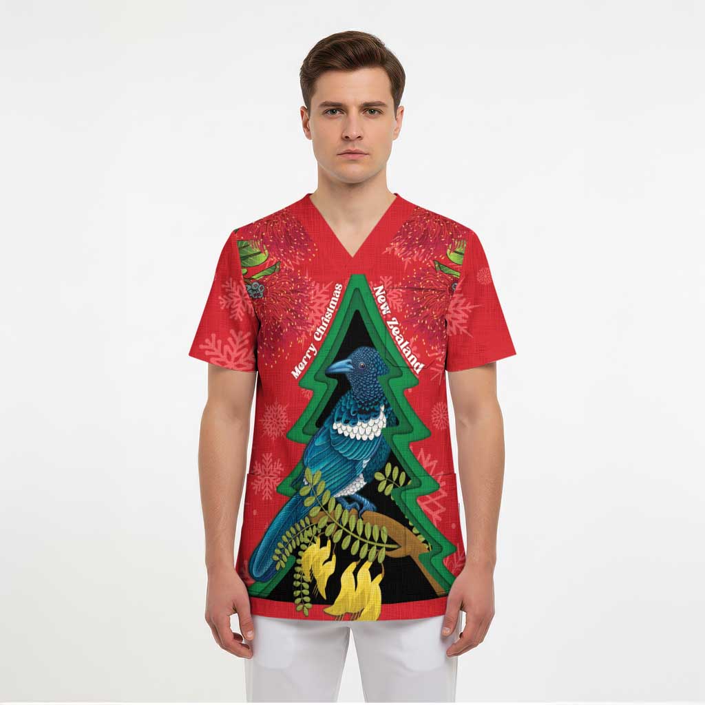 New Zealand Christmas In July Scrub Top Kowhai Tui Bird With Pohutukawa - Red - Polynesian Pride