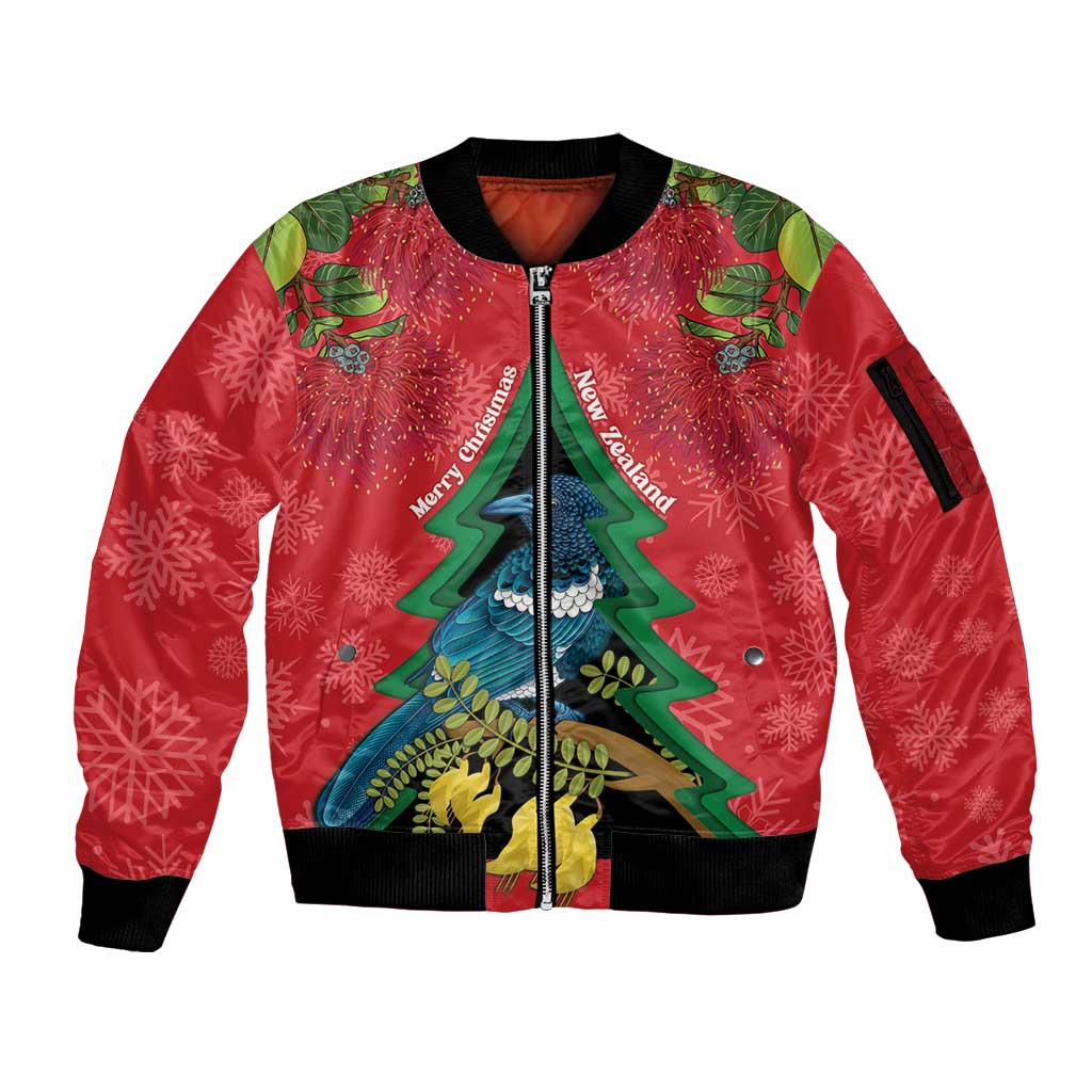 New Zealand Christmas In July Sleeve Zip Bomber Jacket Kowhai Tui Bird With Pohutukawa - Red